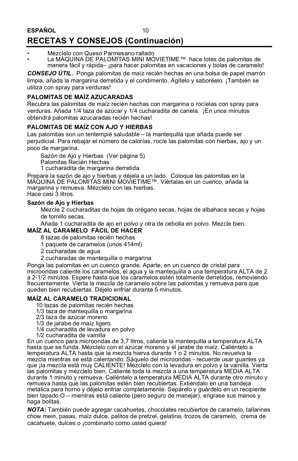 Recetas y consejos (continuación) | Nostalgia Electrics MINI RETRO RHP-310 User Manual | Page 11 / 18