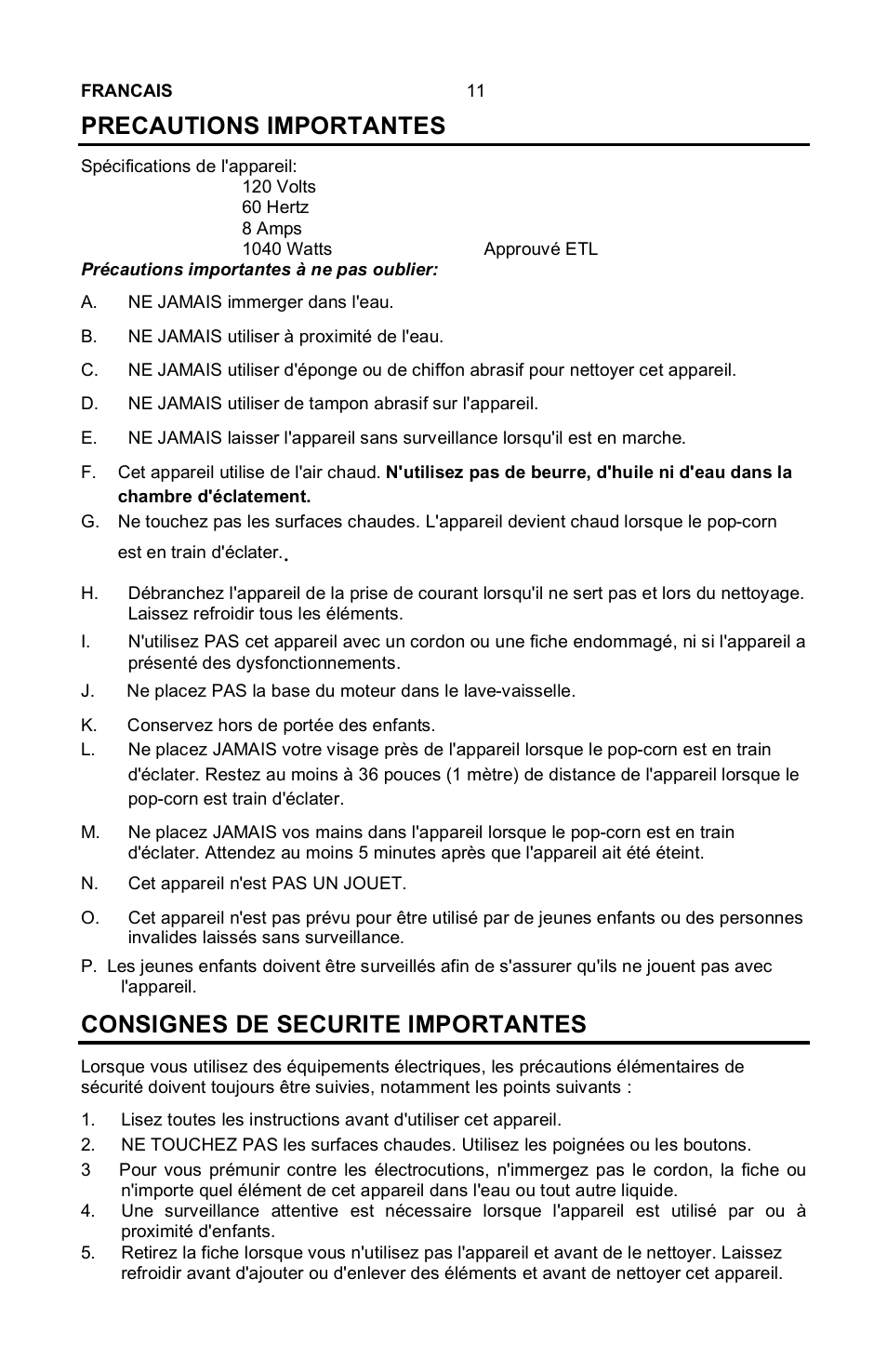 Precautions importantes, Consignes de securite importantes | Nostalgia Electrics MINI RETRO RHP-310 User Manual | Page 12 / 18