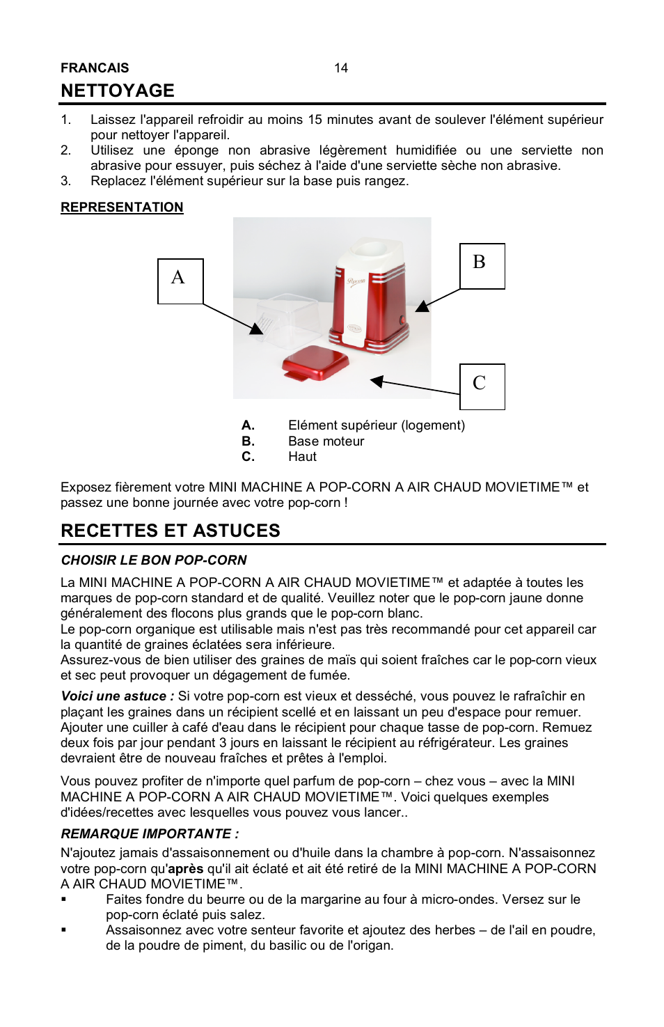 Cb a, Nettoyage, Recettes et astuces | Nostalgia Electrics MINI RETRO RHP-310 User Manual | Page 15 / 18