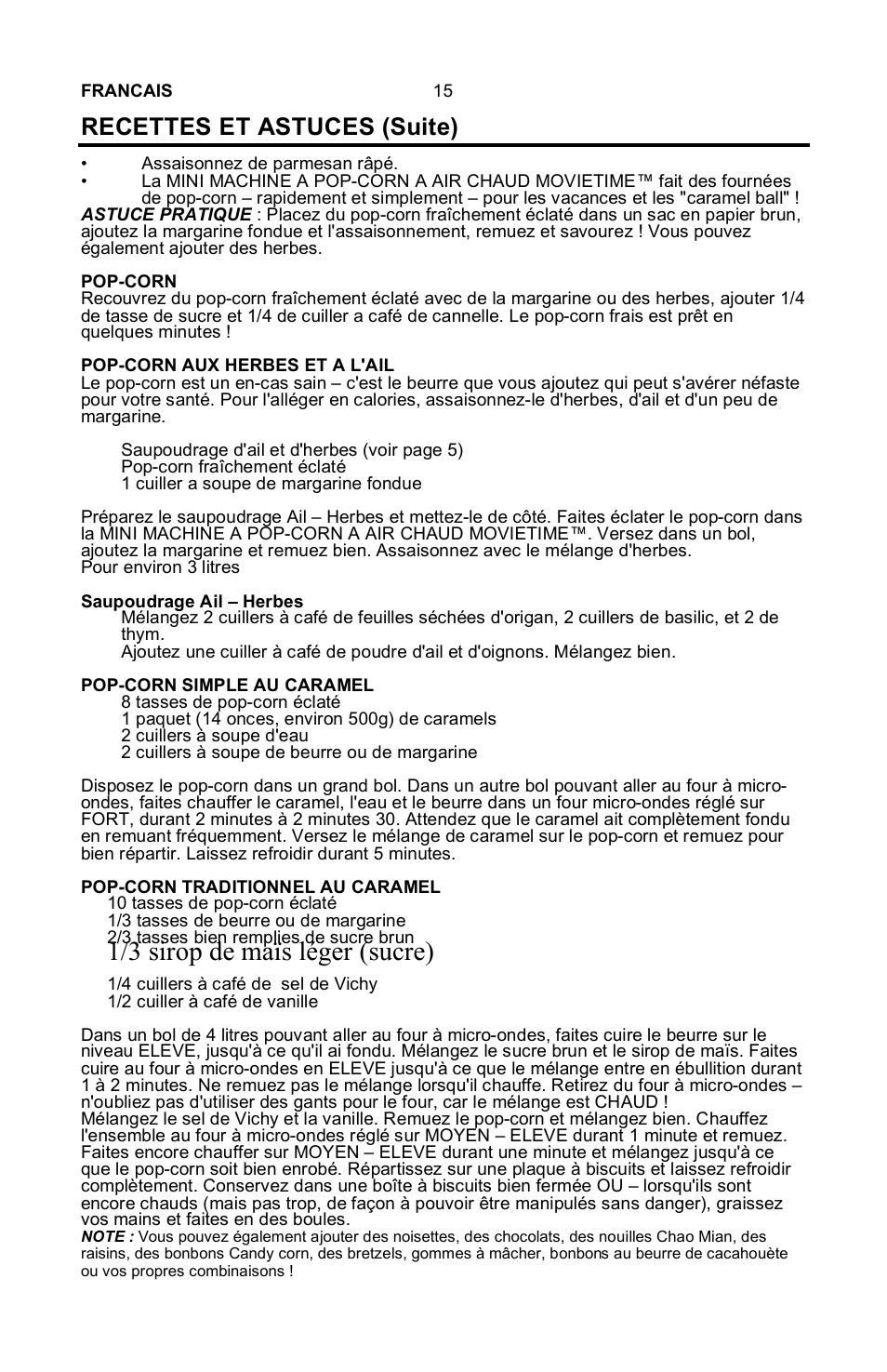 1/3 sirop de maïs léger (sucre), Recettes et astuces (suite) | Nostalgia Electrics MINI RETRO RHP-310 User Manual | Page 16 / 18