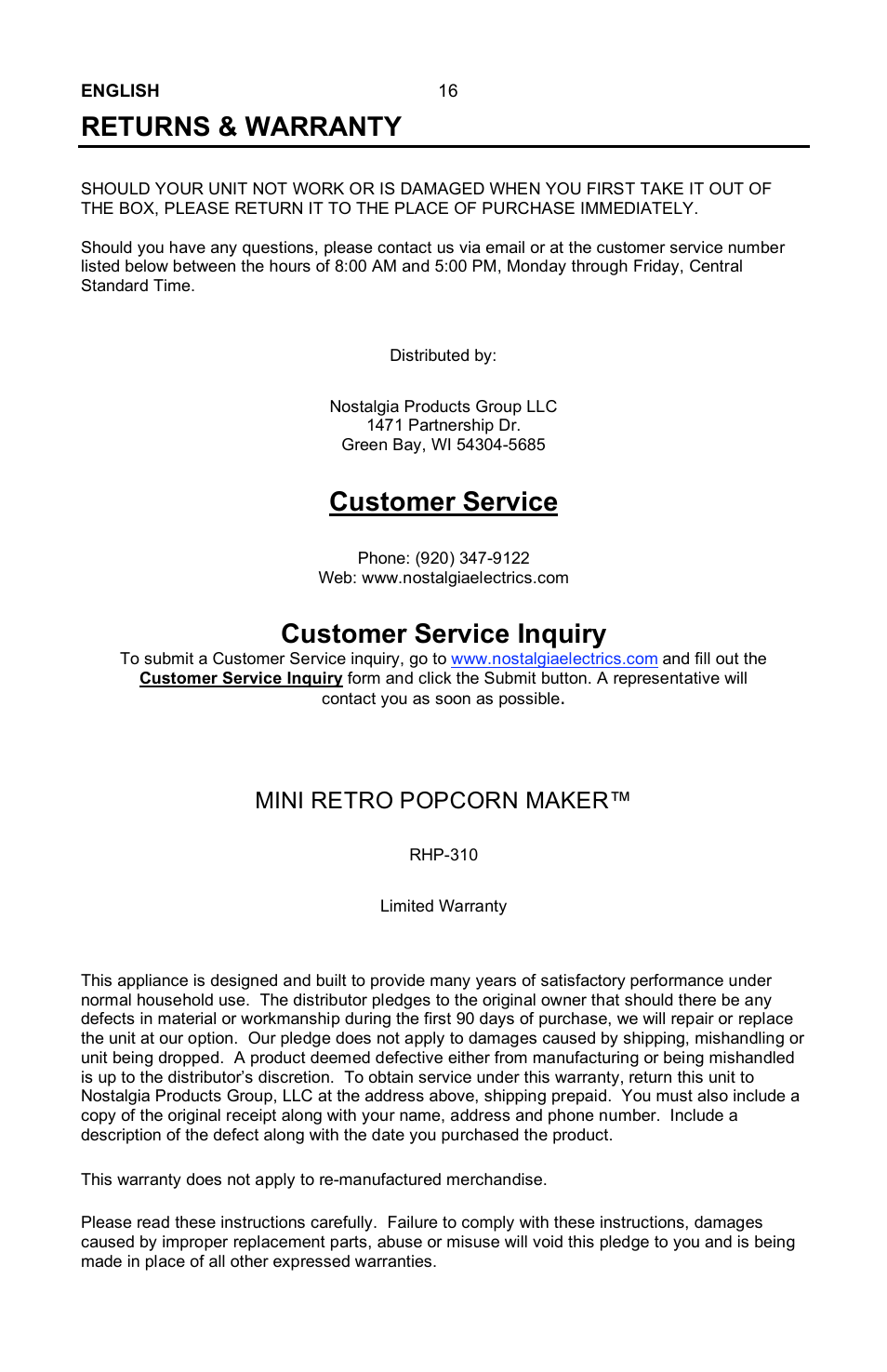 Returns & warranty, Customer service, Customer service inquiry | Mini retro popcorn maker | Nostalgia Electrics MINI RETRO RHP-310 User Manual | Page 17 / 18