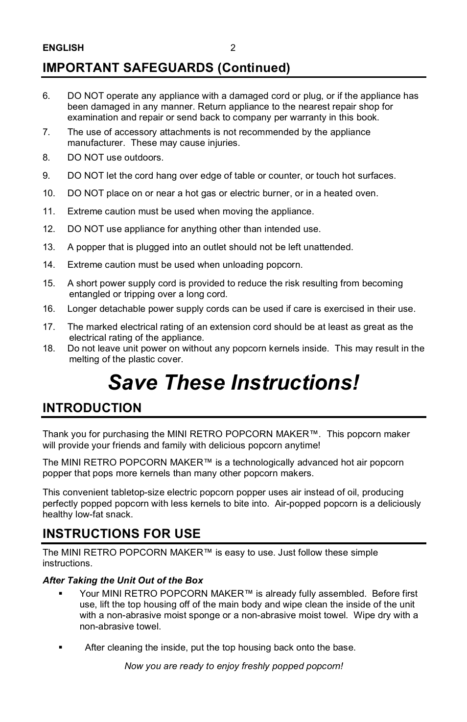 Save these instructions, Important safeguards (continued), Introduction | Instructions for use | Nostalgia Electrics MINI RETRO RHP-310 User Manual | Page 3 / 18