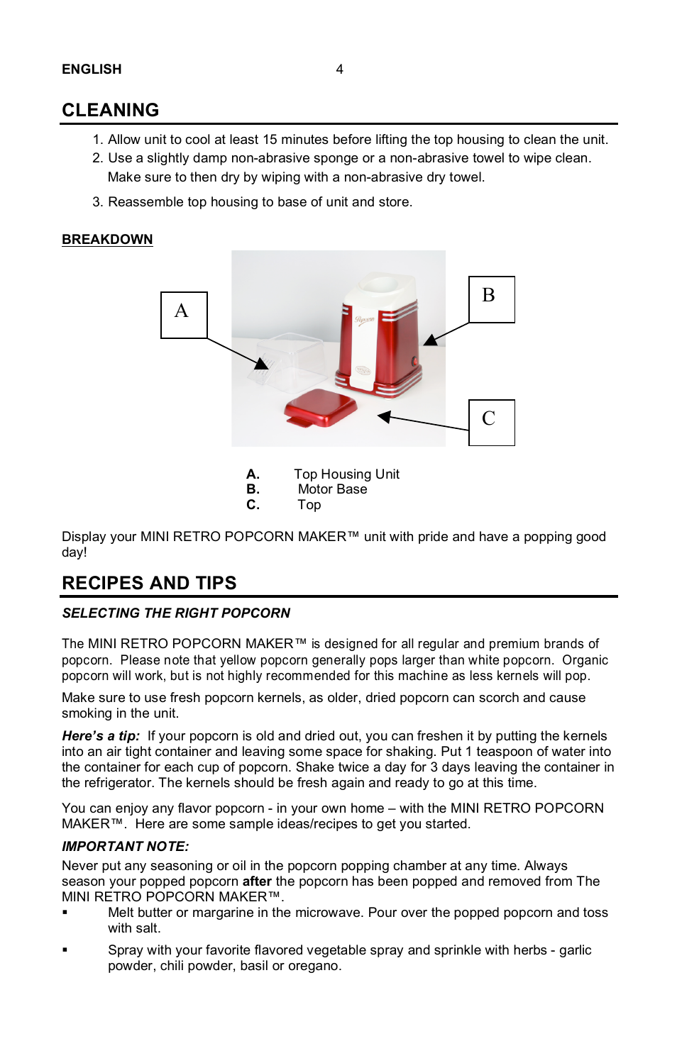 Cb a, Cleaning, Recipes and tips | Nostalgia Electrics MINI RETRO RHP-310 User Manual | Page 5 / 18