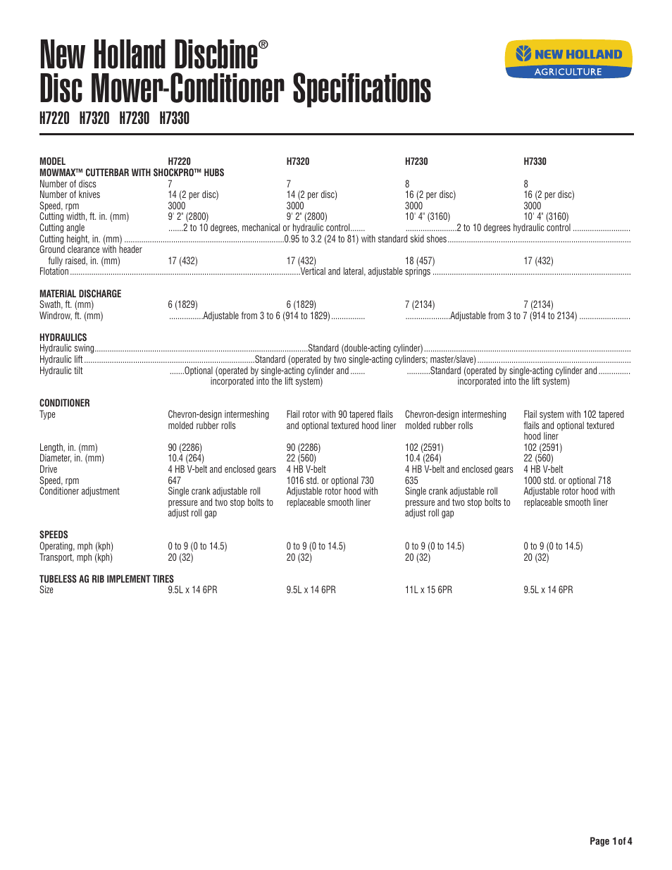 New Holland Discbine H7330 User Manual | 4 pages