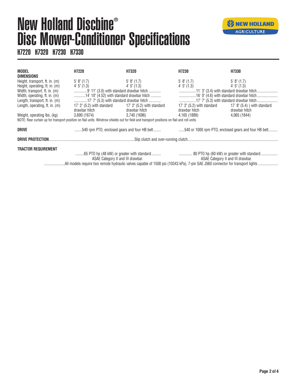 New holland discbine, Disc mower-conditioner specifications | New Holland Discbine H7330 User Manual | Page 2 / 4