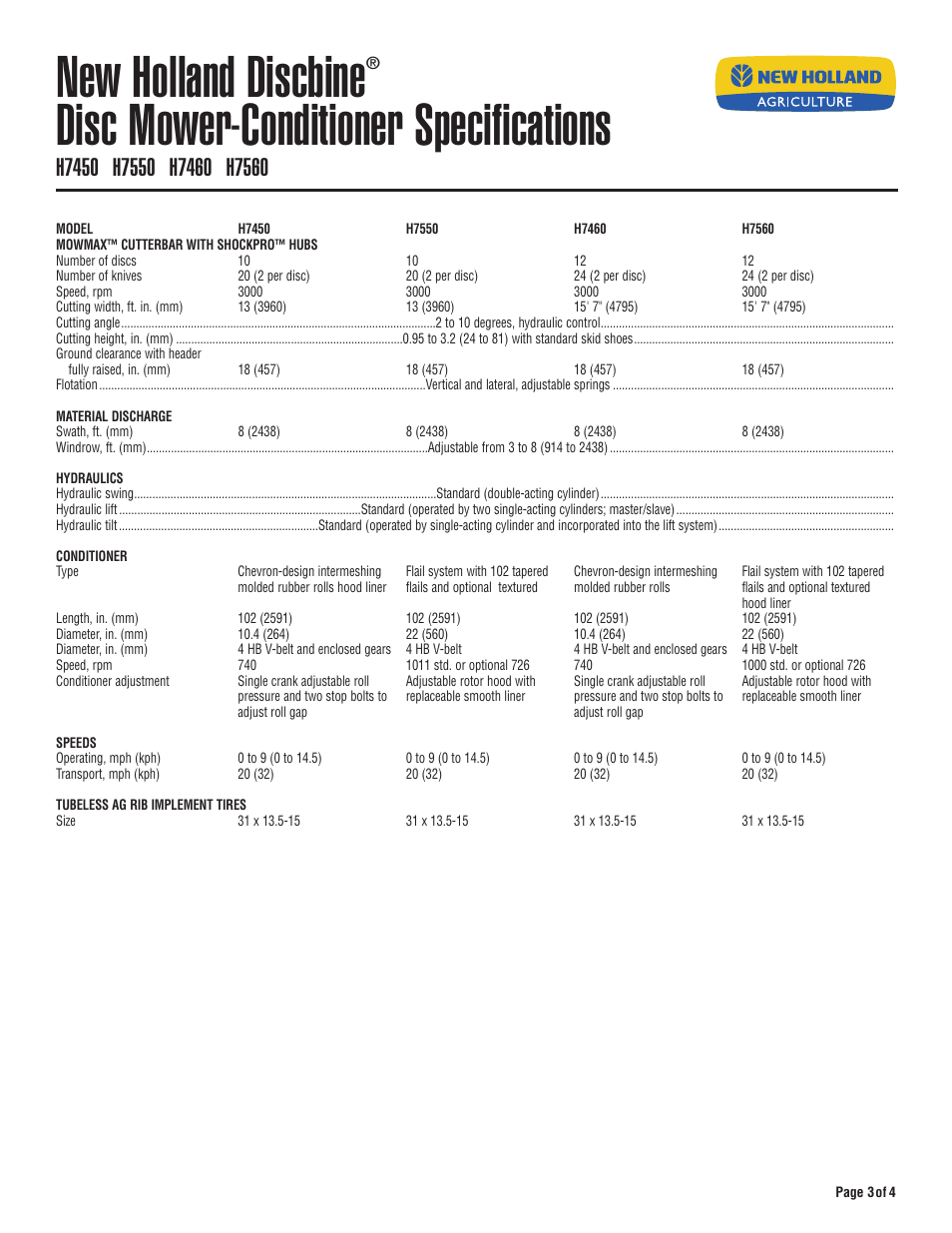 New holland discbine, Disc mower-conditioner specifications | New Holland Discbine H7330 User Manual | Page 3 / 4