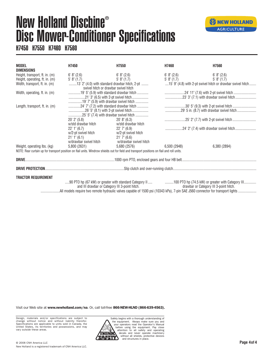 New holland discbine, Disc mower-conditioner specifications | New Holland Discbine H7330 User Manual | Page 4 / 4