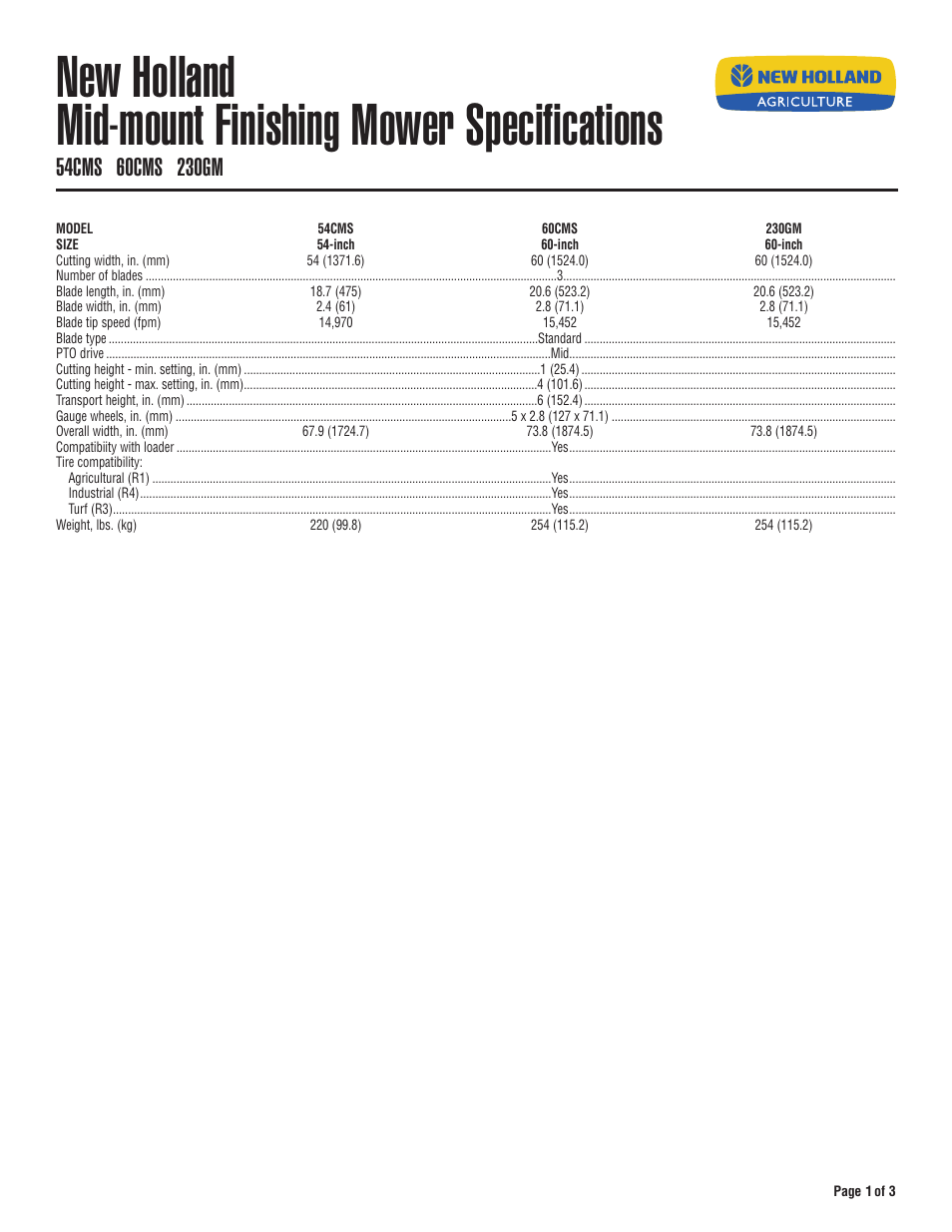 New Holland 230GM User Manual | 3 pages