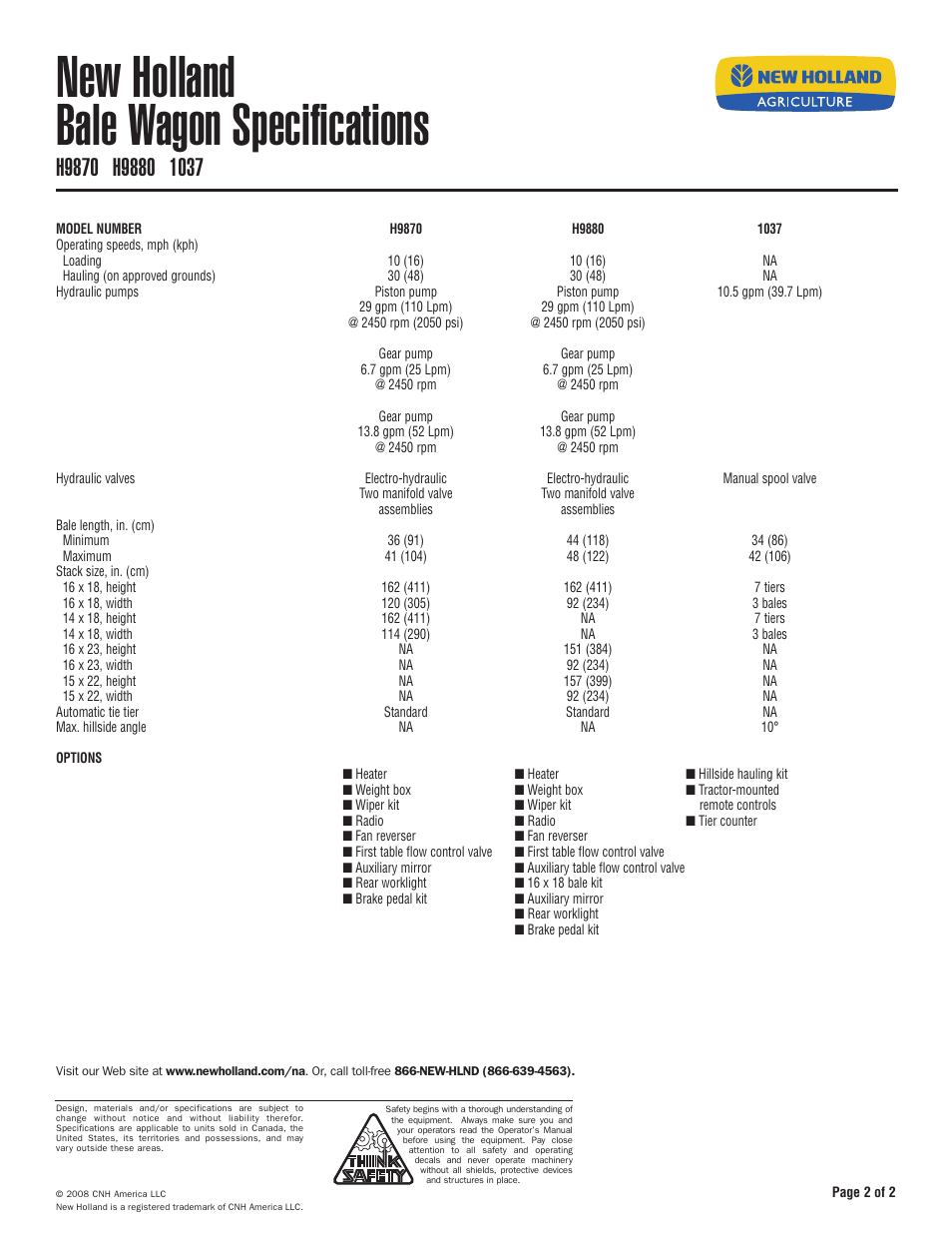 New holland bale wagon specifications | New Holland H9880 User Manual | Page 2 / 2