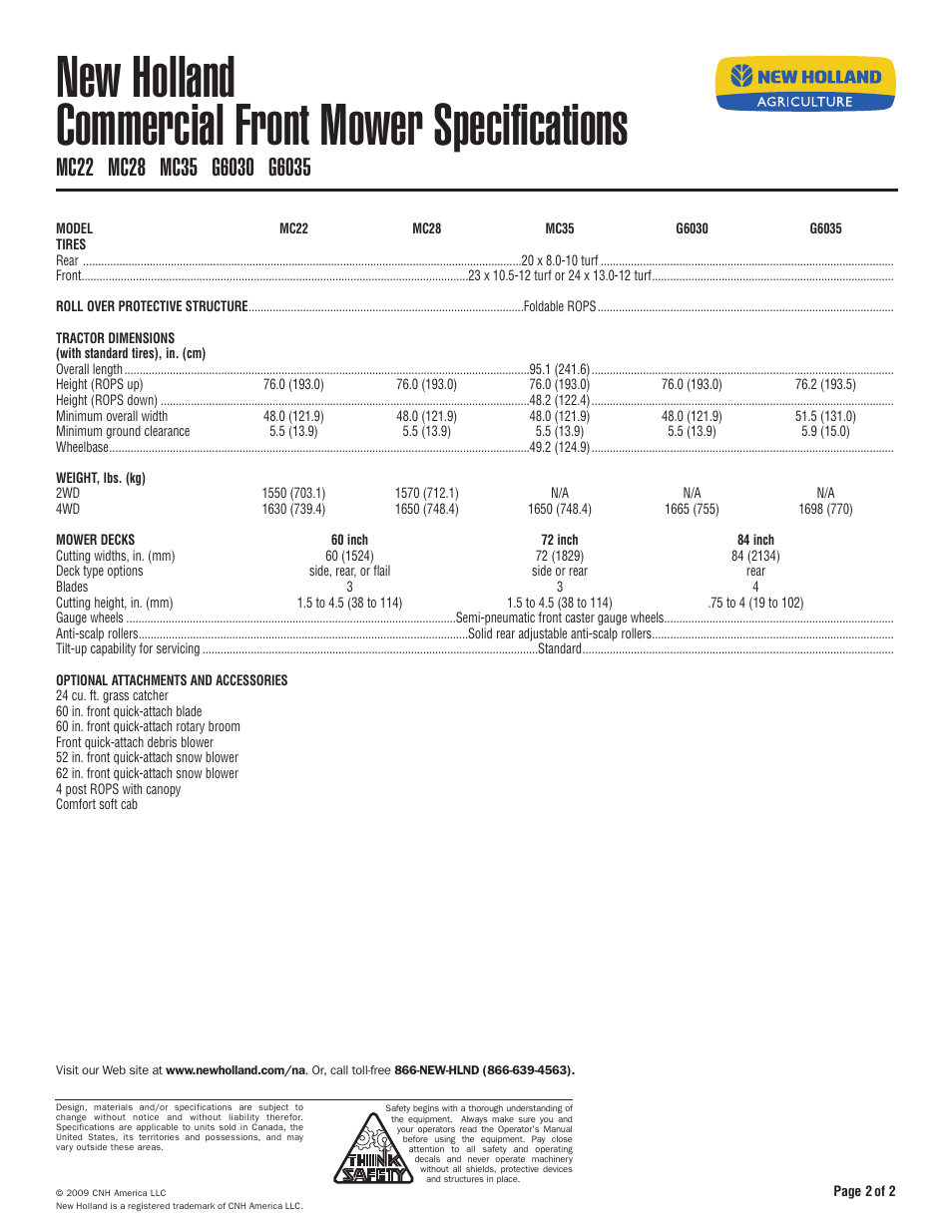 New holland commercial front mower specifications | New Holland MC35 User Manual | Page 2 / 2