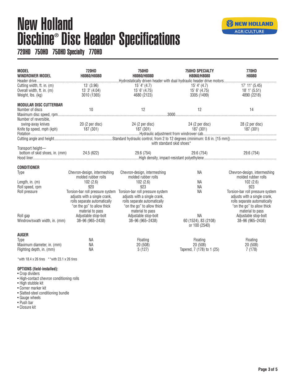 New holland discbine, Disc header specifications | New Holland H8000 Series User Manual | Page 3 / 5