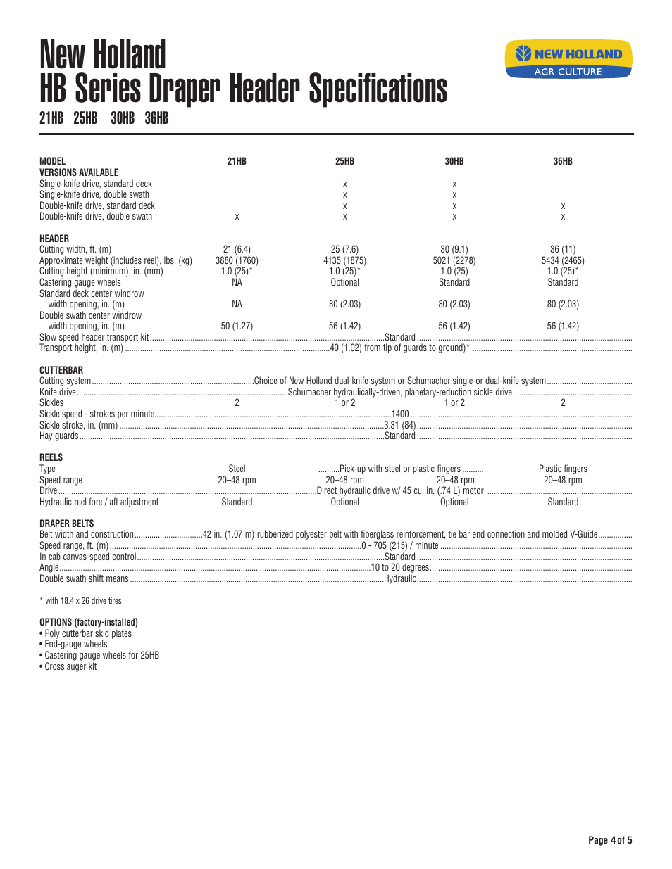 New holland hb series draper header specifications | New Holland H8000 Series User Manual | Page 4 / 5