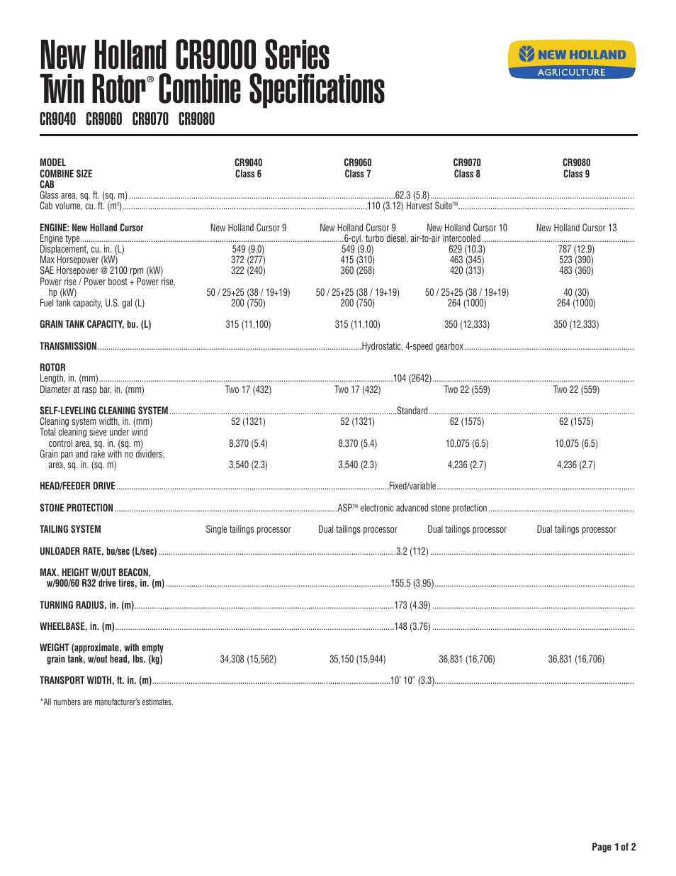 New Holland CR9070 User Manual | 2 pages