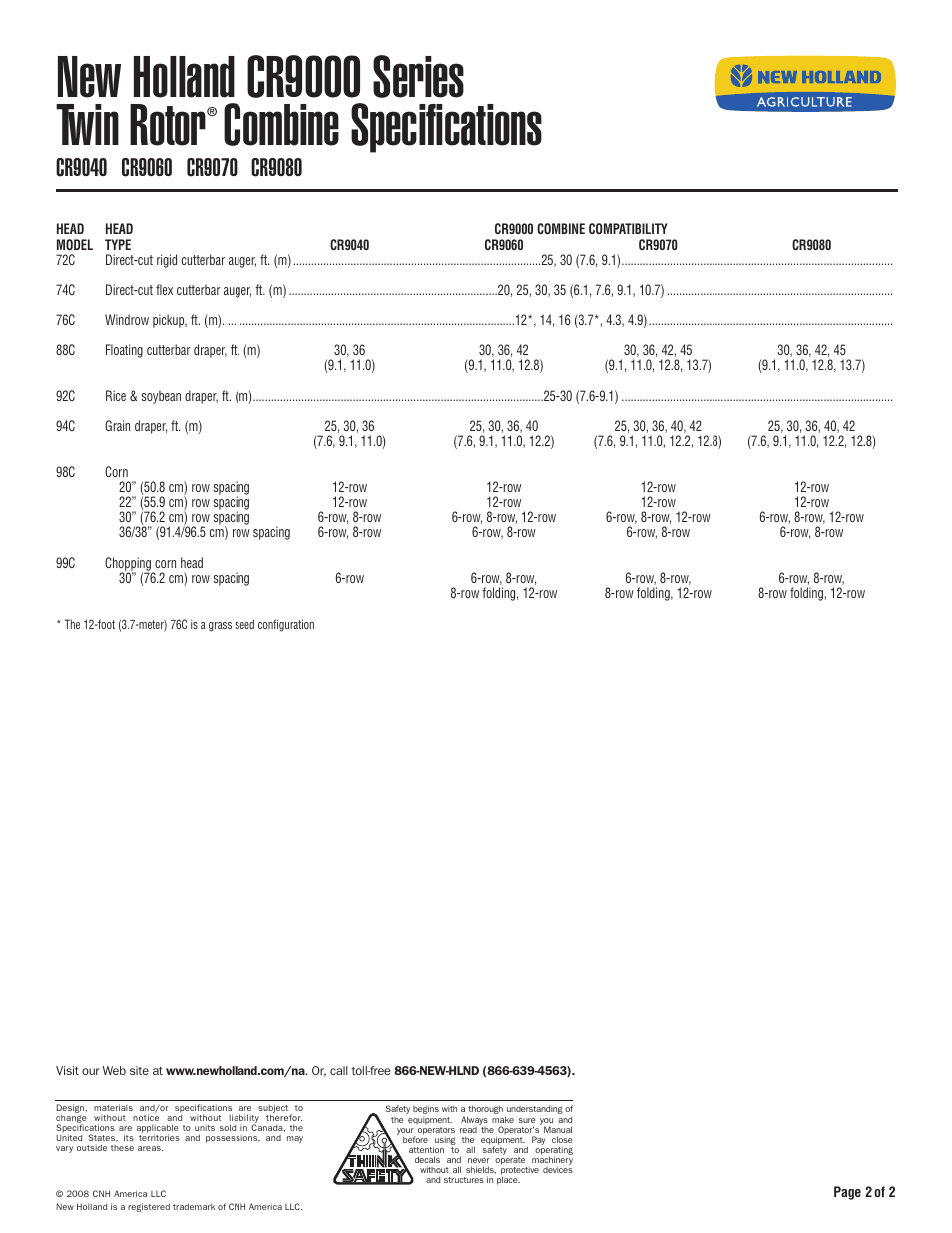 New holland cr9000 series twin rotor, Combine specifications | New Holland CR9070 User Manual | Page 2 / 2