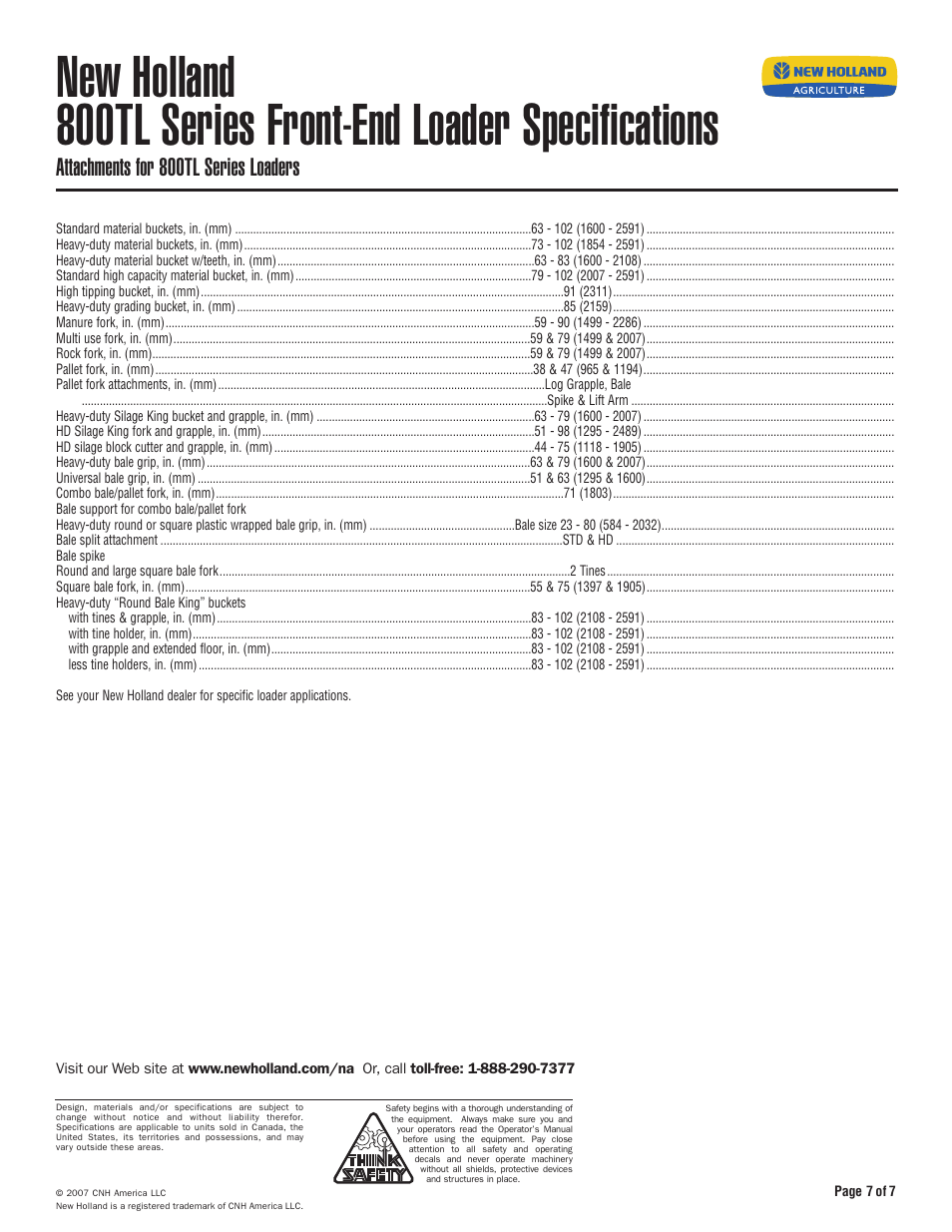 Attachments for 800tl series loaders | New Holland 810TL User Manual | Page 7 / 7