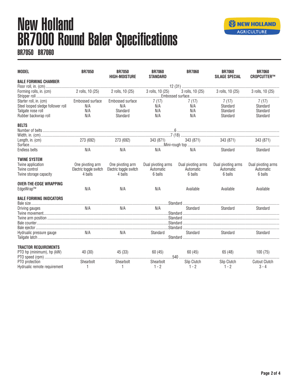 New holland br7000 round baler specifications | New Holland BR7060 User Manual | Page 2 / 4