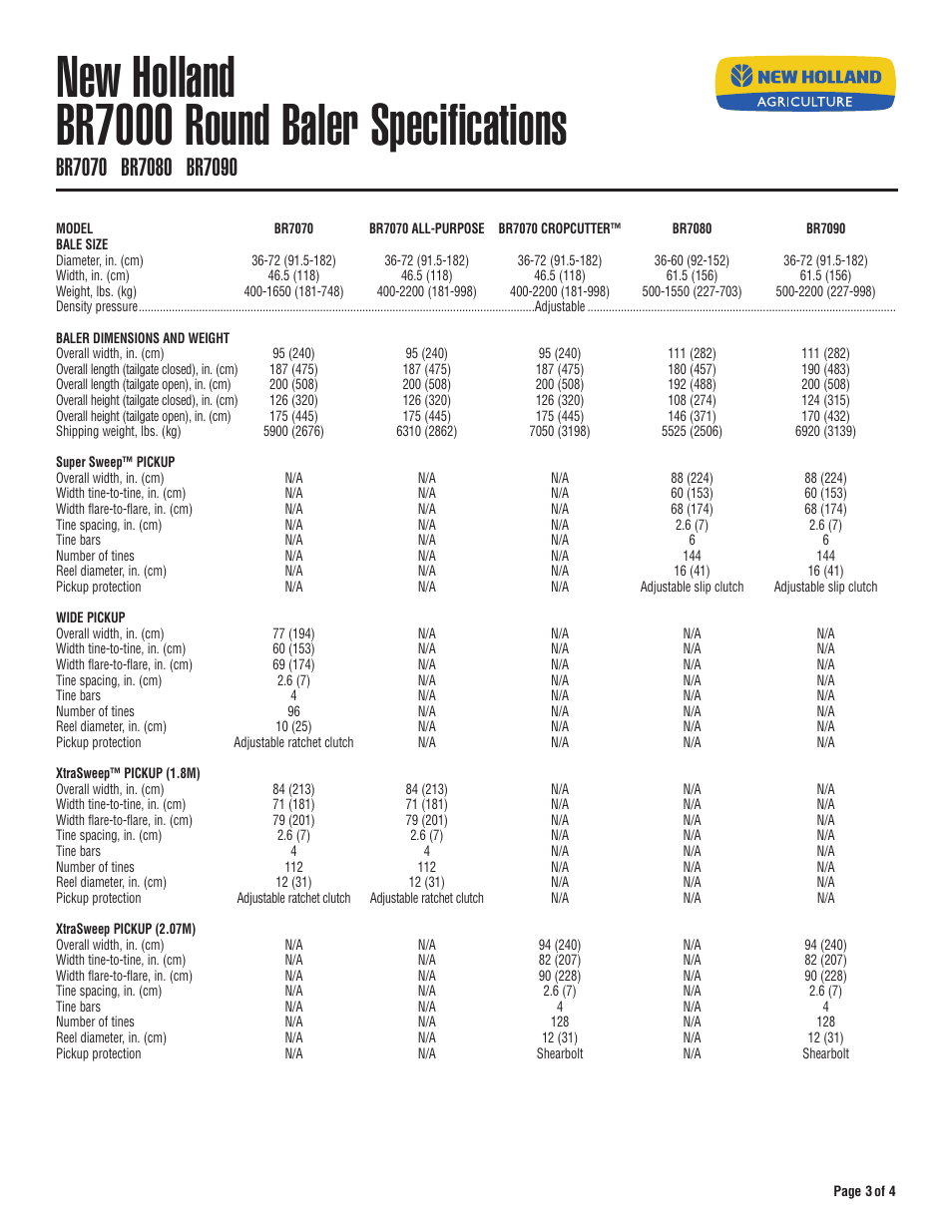 New holland br7000 round baler specifications | New Holland BR7060 User Manual | Page 3 / 4