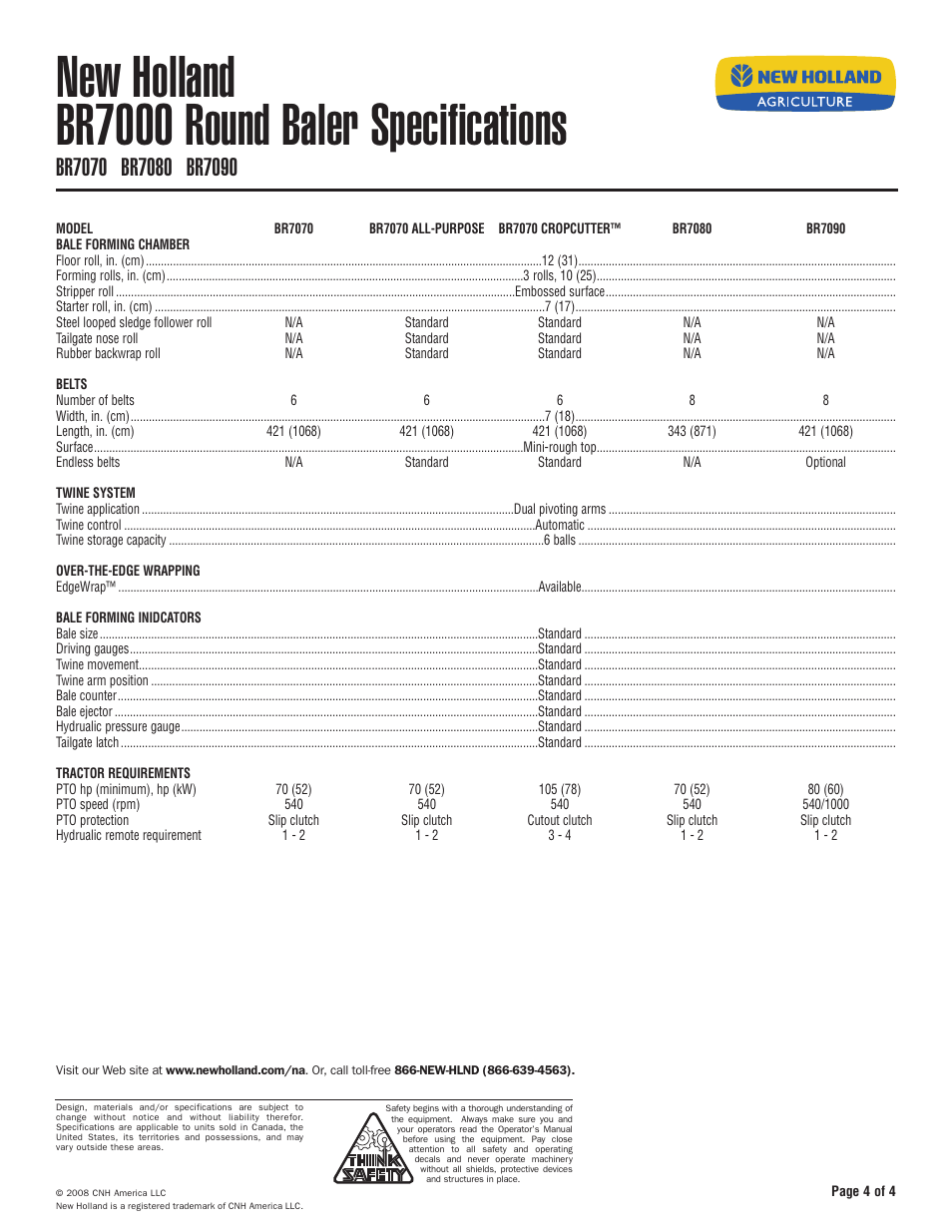 New holland br7000 round baler specifications | New Holland BR7060 User Manual | Page 4 / 4