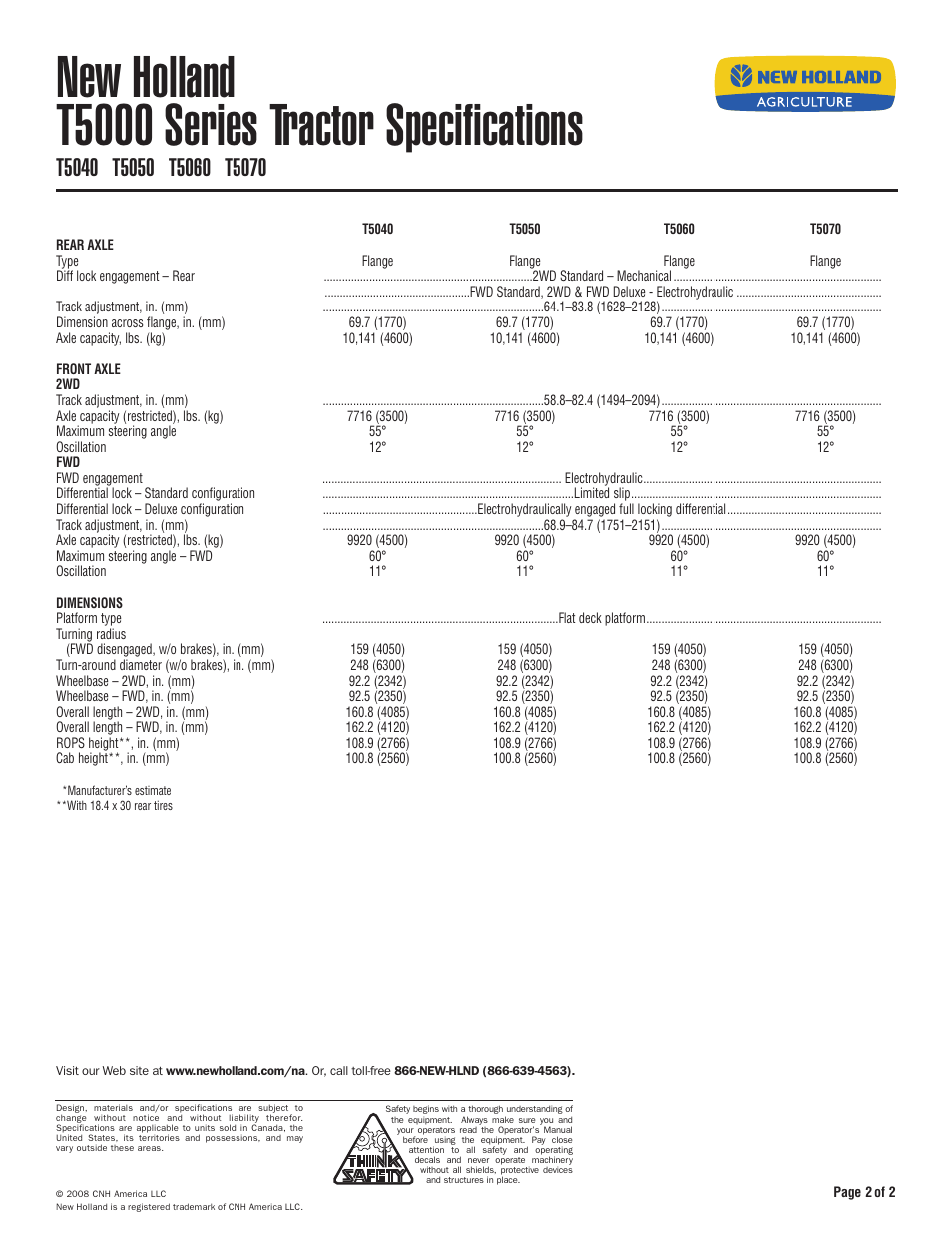 New holland t5000 series tractor specifications | New Holland T5060 User Manual | Page 2 / 2