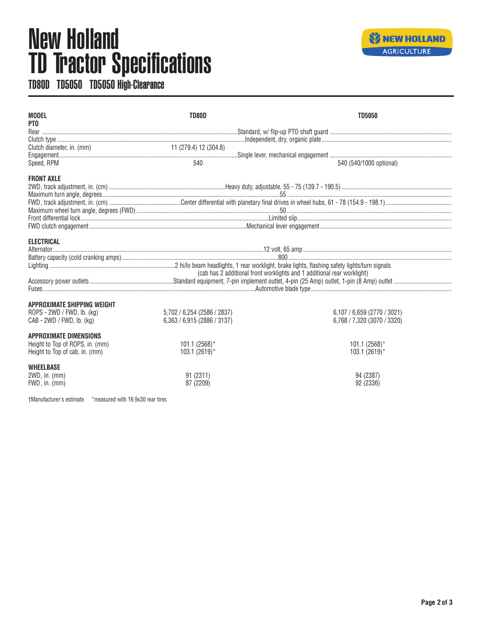 New holland td tractor specifications | New Holland TD5050 User Manual | Page 2 / 3
