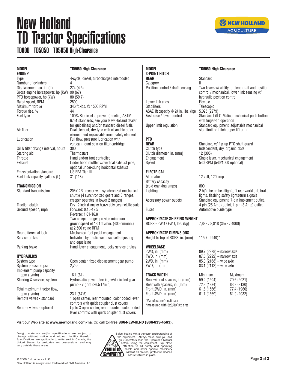 New holland td tractor specifications | New Holland TD5050 User Manual | Page 3 / 3