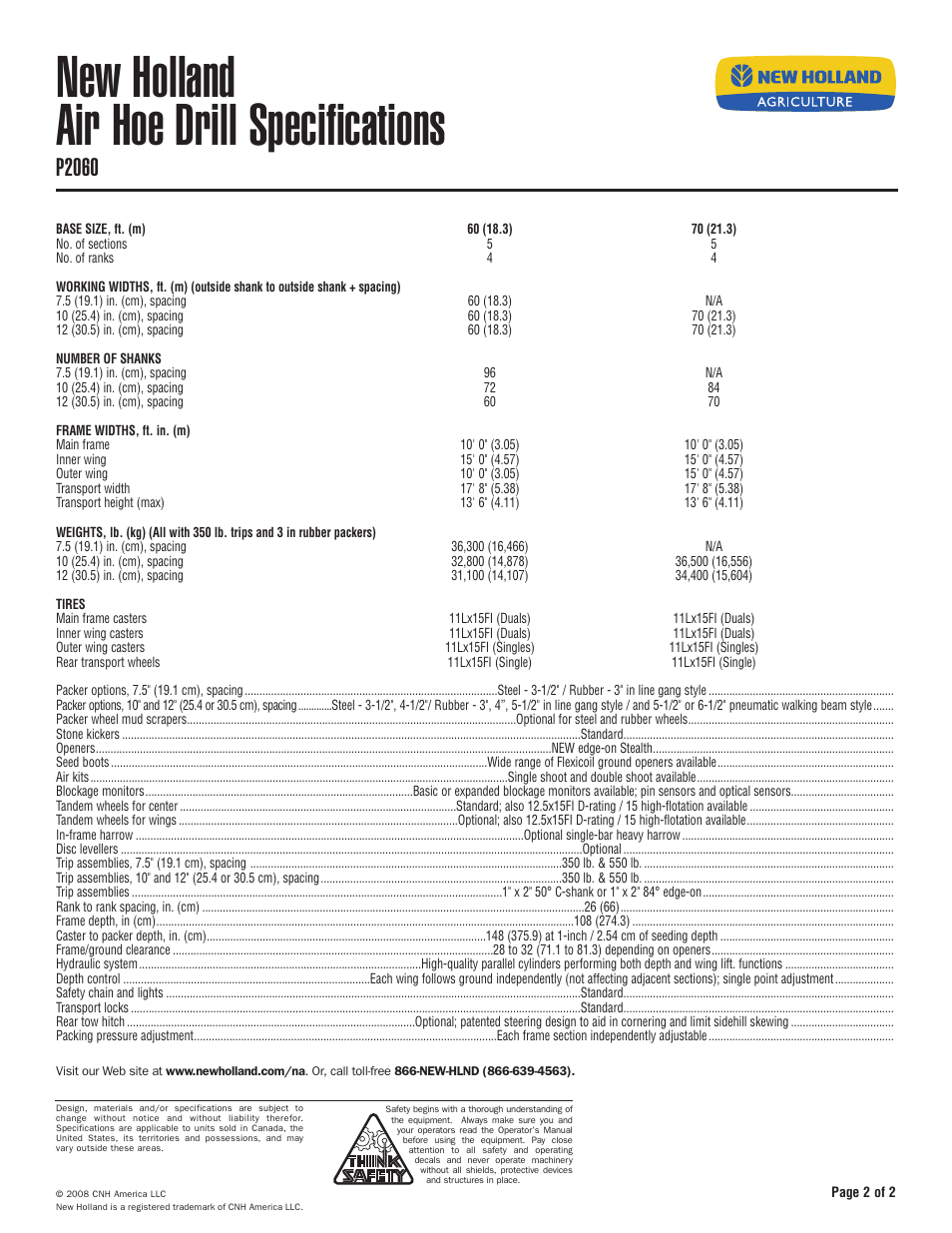 New holland air hoe drill specifications, P2060 | New Holland P2050 User Manual | Page 2 / 2