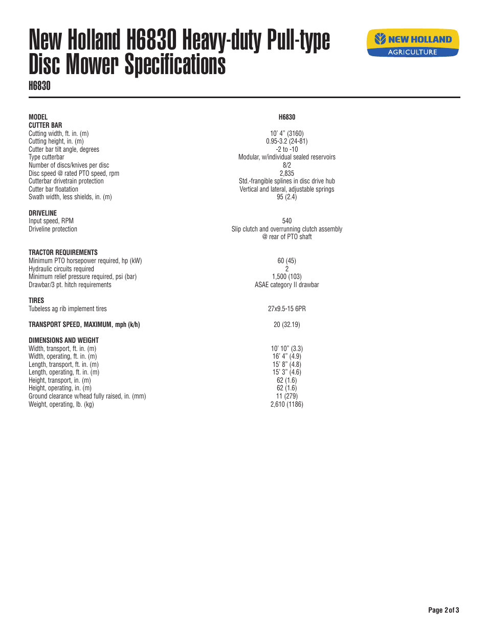 H6830 | New Holland H6730 User Manual | Page 2 / 3