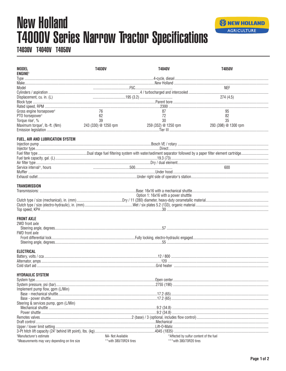 New Holland T4030V User Manual | 2 pages