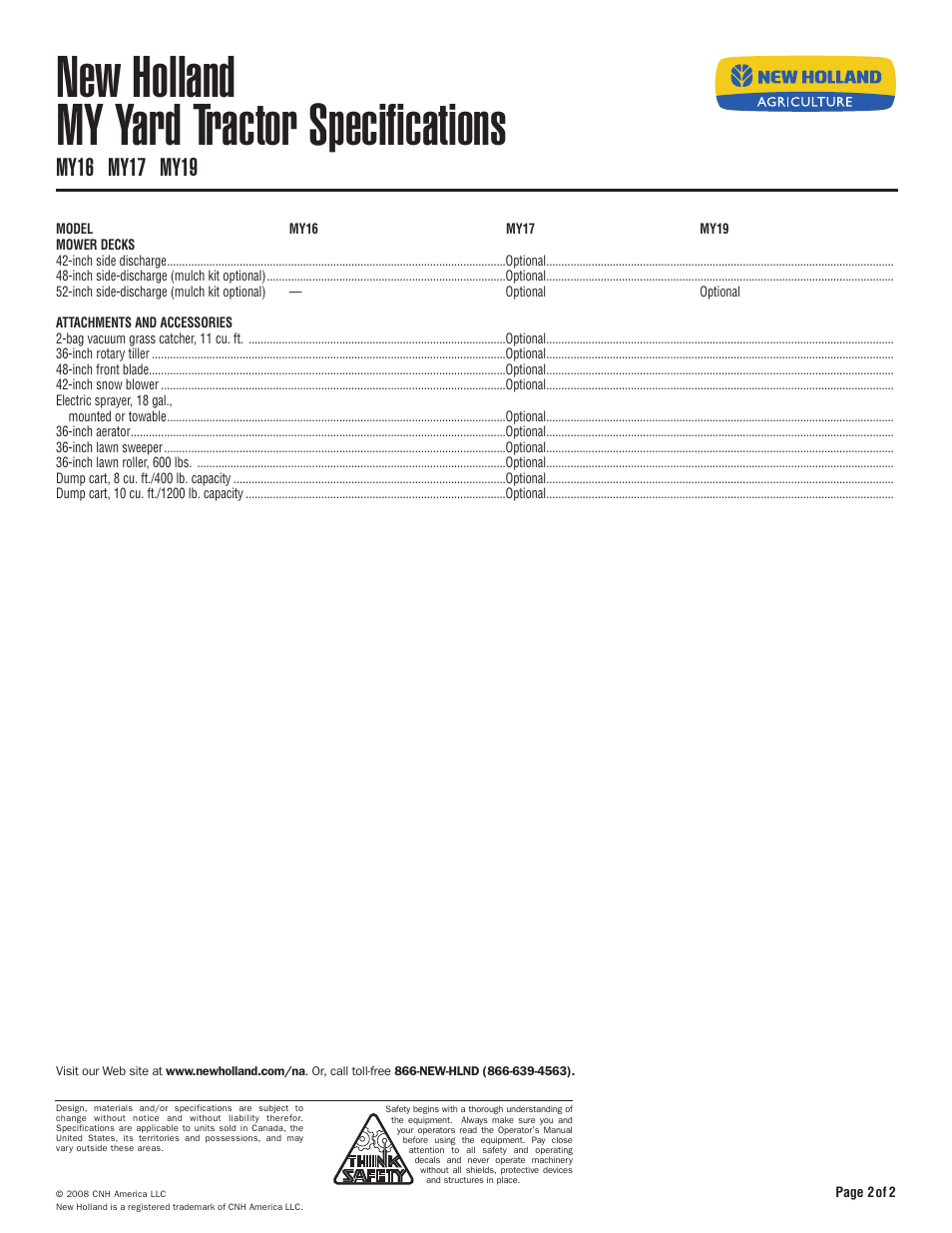 New holland my yard tractor specifications | New Holland MY17 User Manual | Page 2 / 2