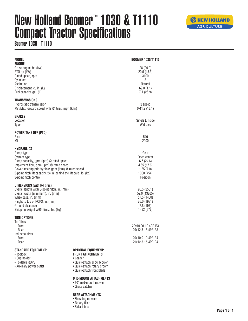 New Holland Boomer 1030 User Manual | 4 pages