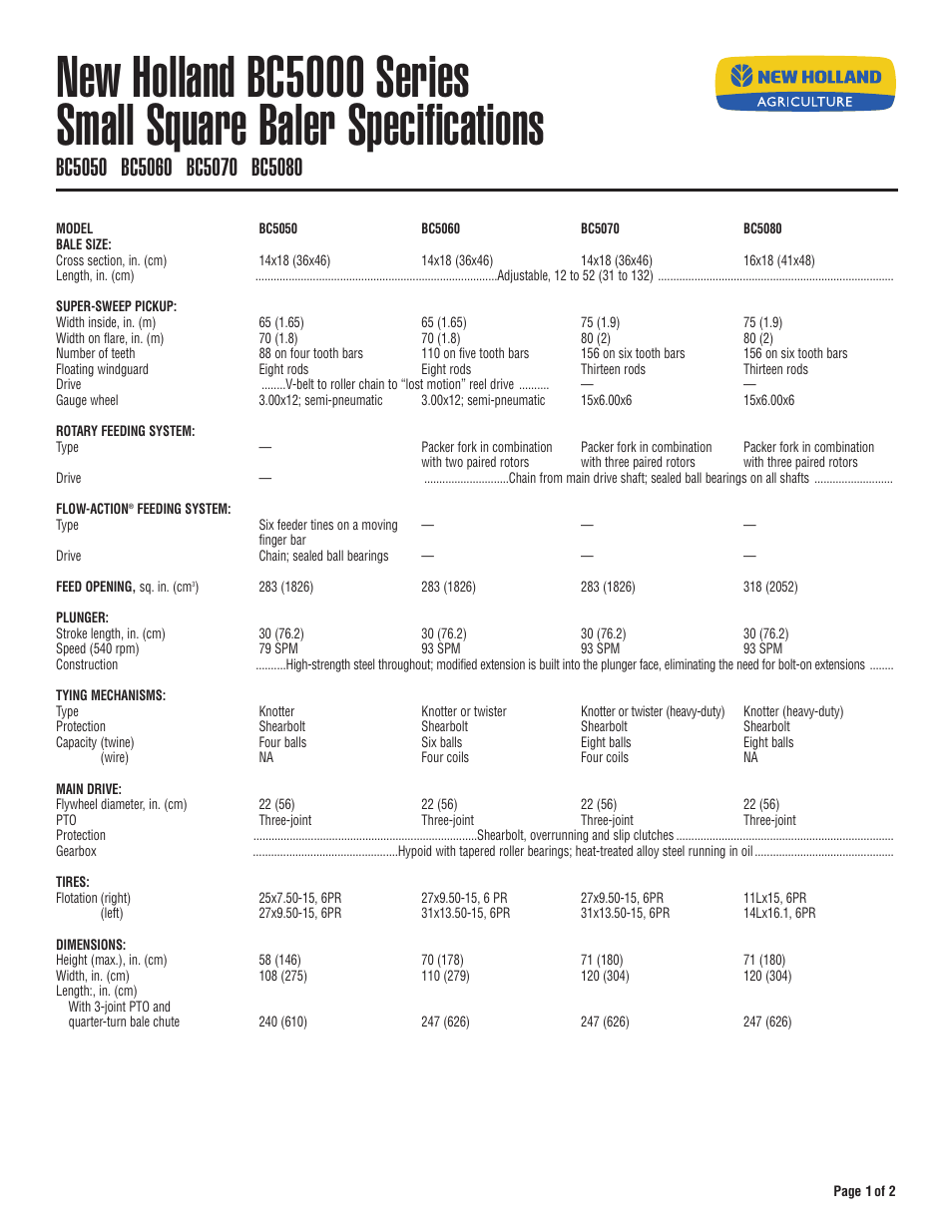 New Holland Small Square Baler BC5060 User Manual | 2 pages