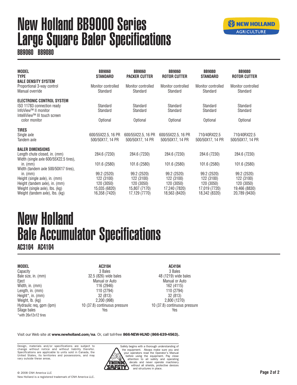 New holland bale accumulator specifications | New Holland BB9080 User Manual | Page 2 / 2