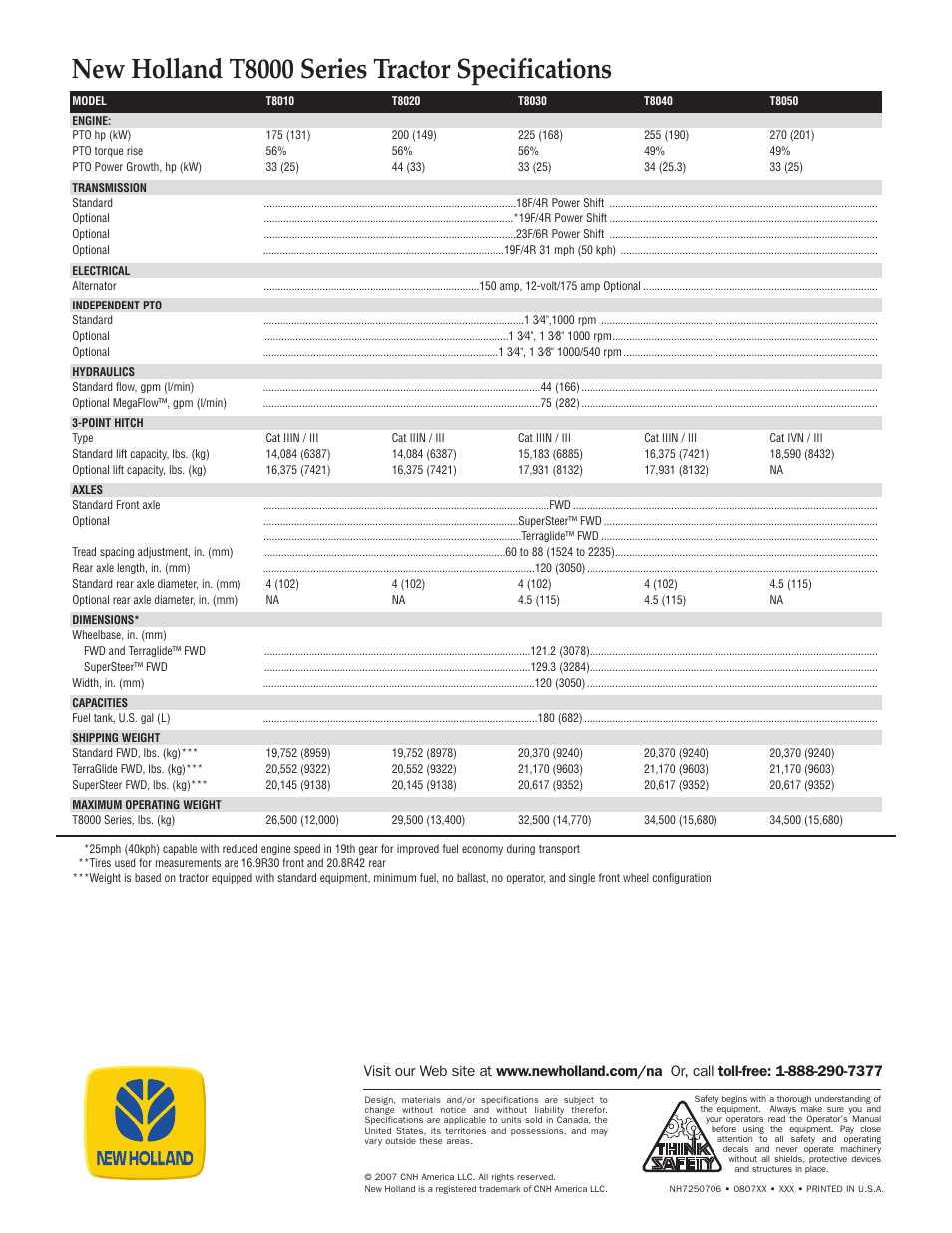 New holland t8000 series tractor specifications | New Holland T8030 User Manual | Page 2 / 2