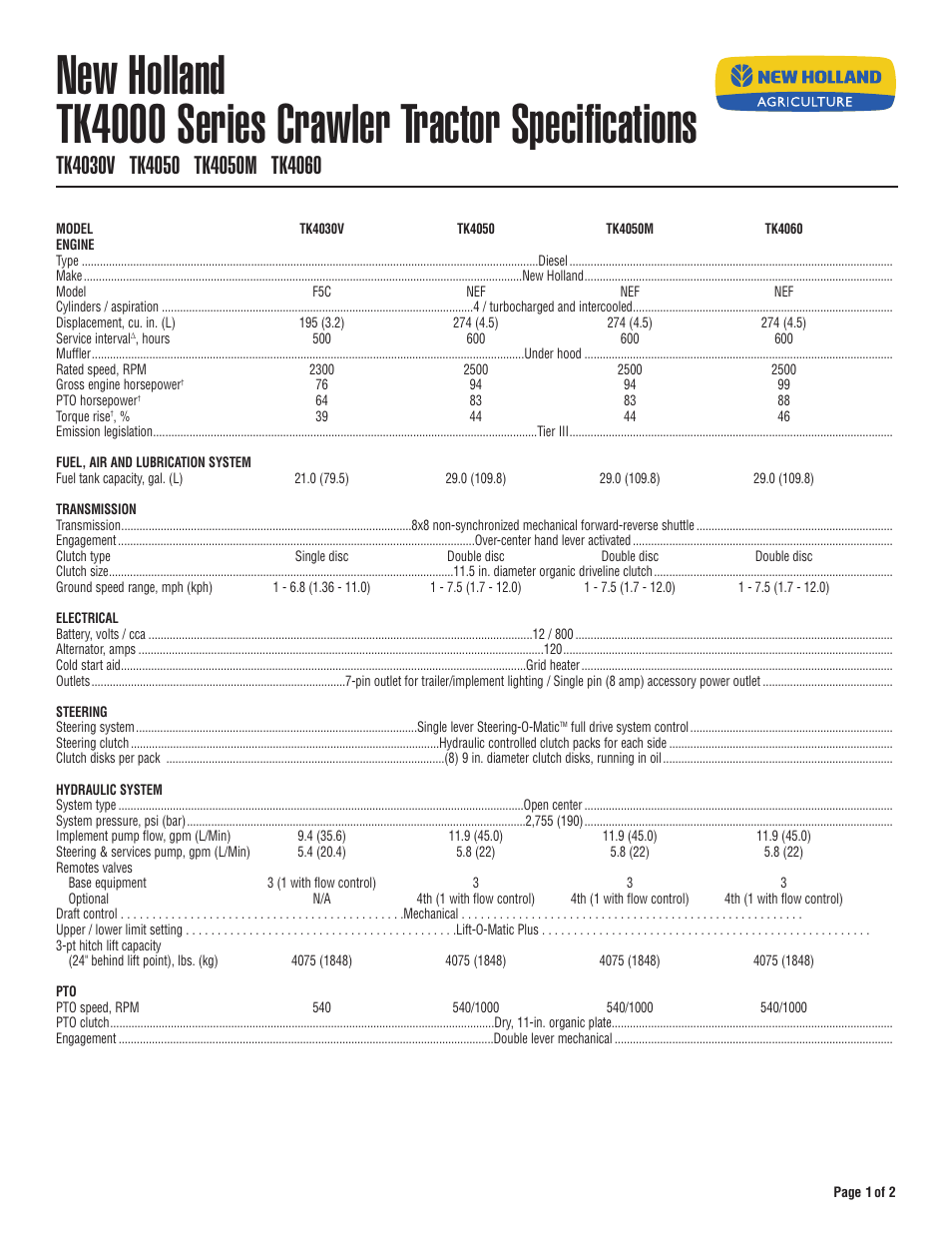 New Holland TK4030V User Manual | 2 pages