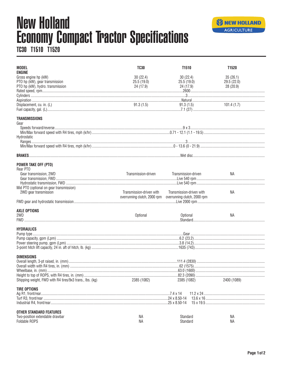 New Holland T1510 User Manual | 2 pages