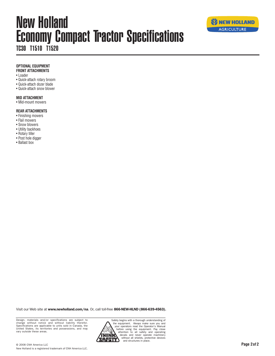 New holland economy compact tractor specifications | New Holland T1510 User Manual | Page 2 / 2