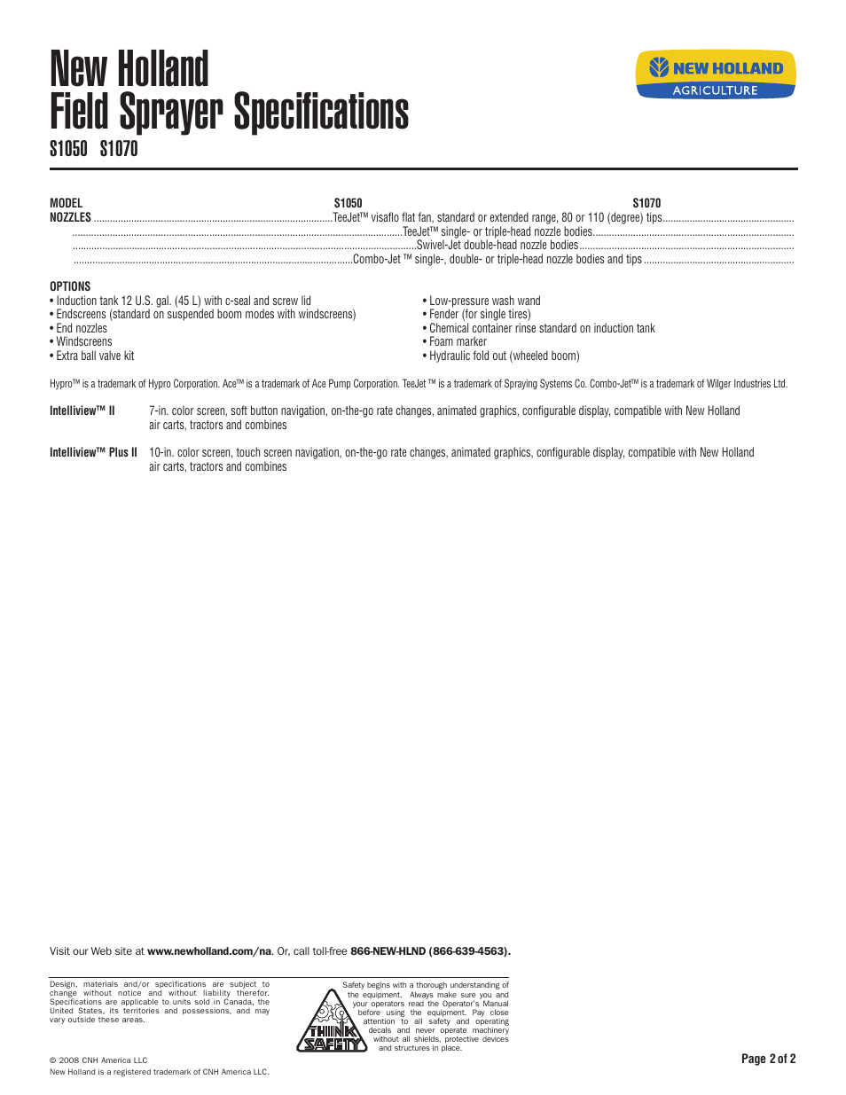 New holland field sprayer specifications | New Holland S1050 User Manual | Page 2 / 2