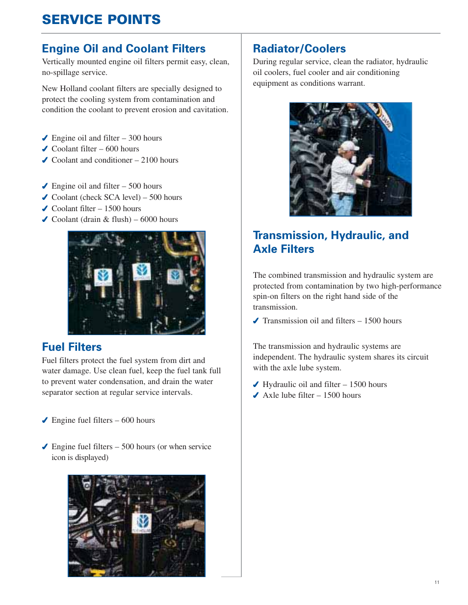 Service points, Engine oil and coolant filters, Fuel filters | Radiator/coolers, Transmission, hydraulic, and axle filters | New Holland TG Series User Manual | Page 11 / 36