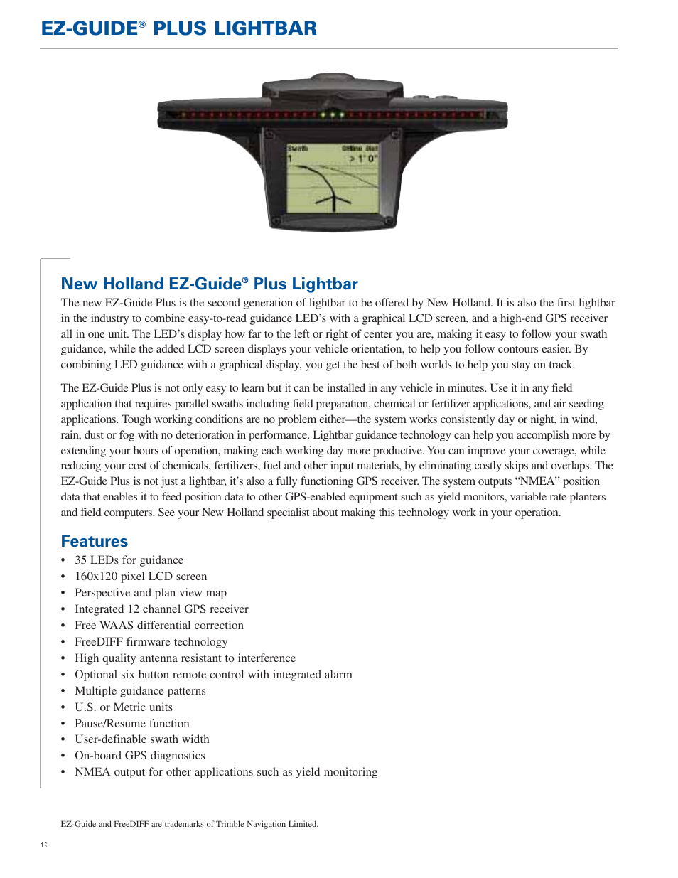 Ez-guide, Plus lightbar, New holland ez-guide | Features | New Holland TG Series User Manual | Page 16 / 36