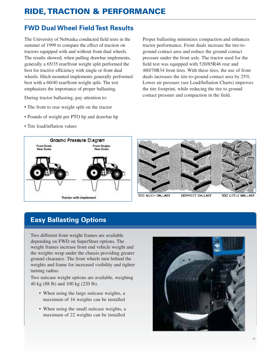 Ride, traction & performance, Easy ballasting options, Fwd dual wheel field test results | New Holland TG Series User Manual | Page 19 / 36