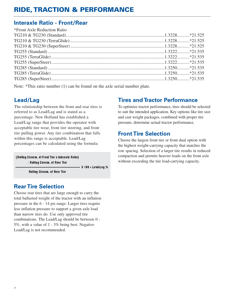 Ride, traction & performance, Tires and tractor performance, Front tire selection | Rear tire selection, Lead/lag, Interaxle ratio - front/rear | New Holland TG Series User Manual | Page 20 / 36