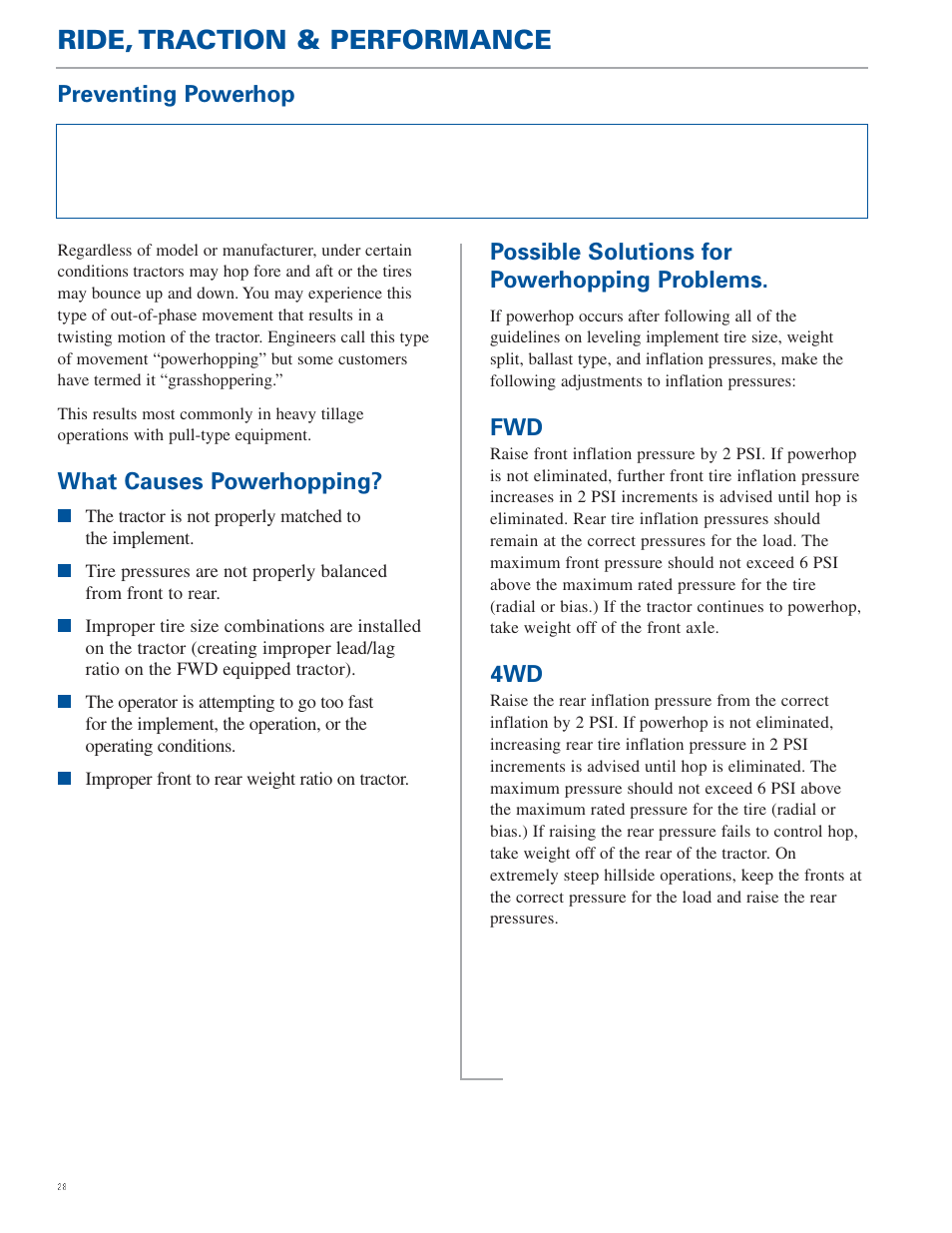 Ride, traction & performance, What causes powerhopping, Possible solutions for powerhopping problems | Preventing powerhop | New Holland TG Series User Manual | Page 28 / 36