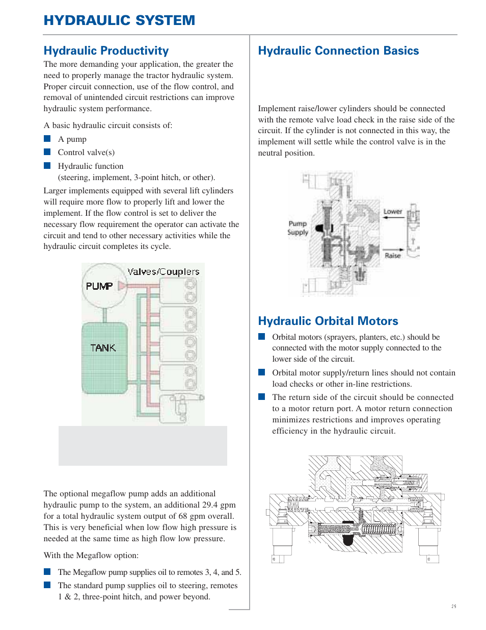 Hydraulic system, Hydraulic orbital motors, Hydraulic productivity | Hydraulic connection basics | New Holland TG Series User Manual | Page 29 / 36