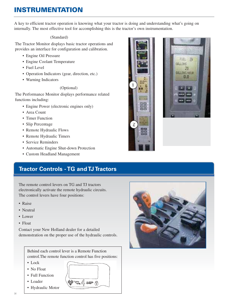 Instrumentation, Tractor controls - tg and tj tractors | New Holland TG Series User Manual | Page 30 / 36