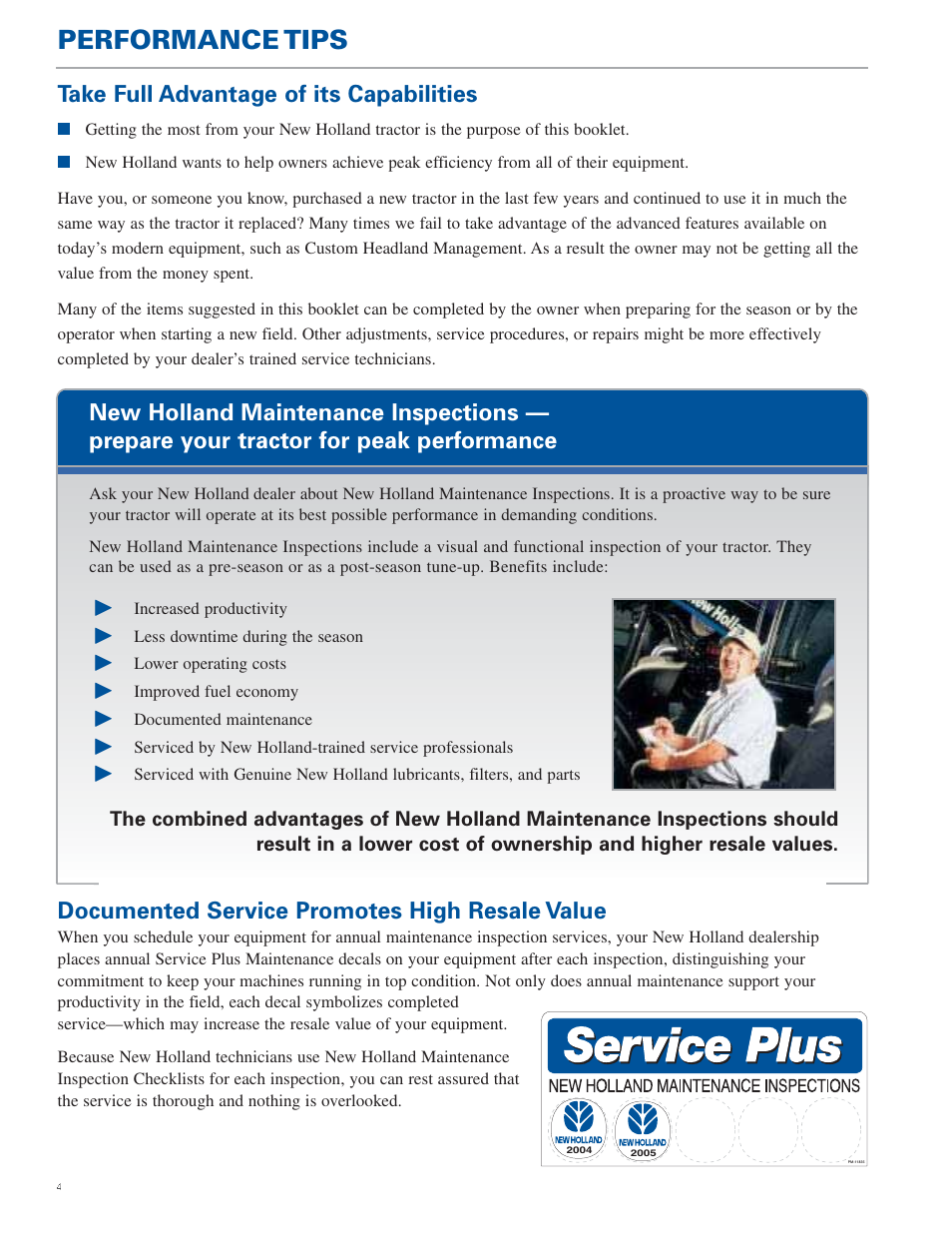 Performance tips, Take full advantage of its capabilities, Documented service promotes high resale value | New Holland TG Series User Manual | Page 4 / 36