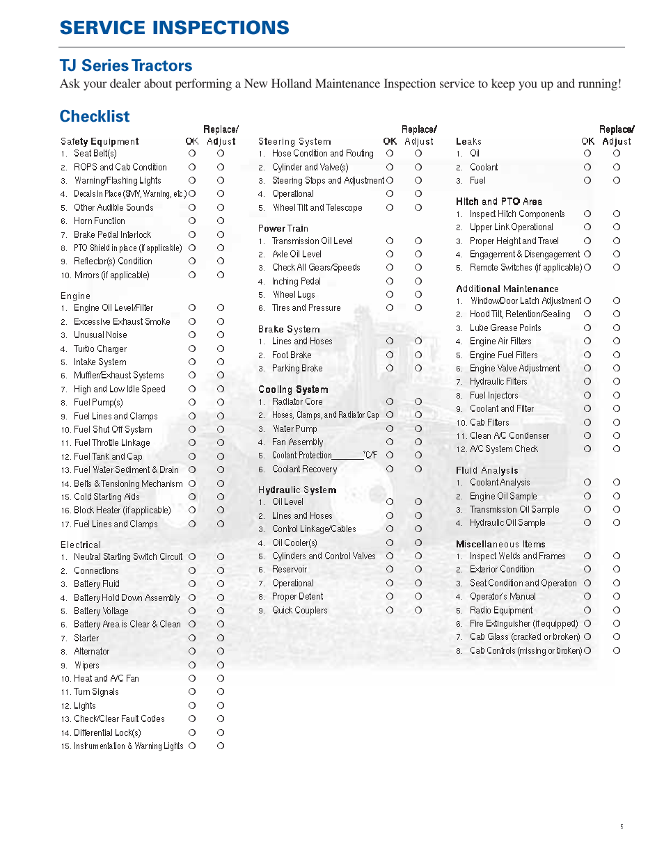 Service inspections, Checklist tj series tractors | New Holland TG Series User Manual | Page 5 / 36