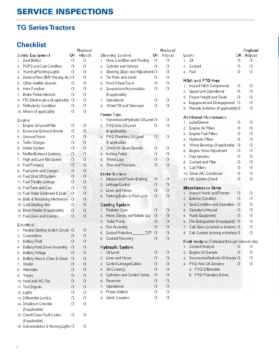 Service inspections, Checklist, Tg series tractors | New Holland TG Series User Manual | Page 6 / 36