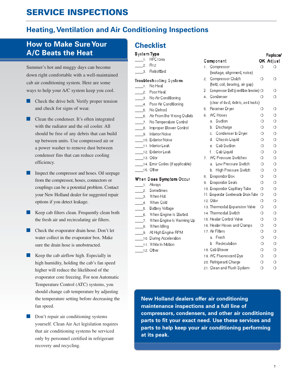 Service inspections, How to make sure your a/c beats the heat | New Holland TG Series User Manual | Page 7 / 36