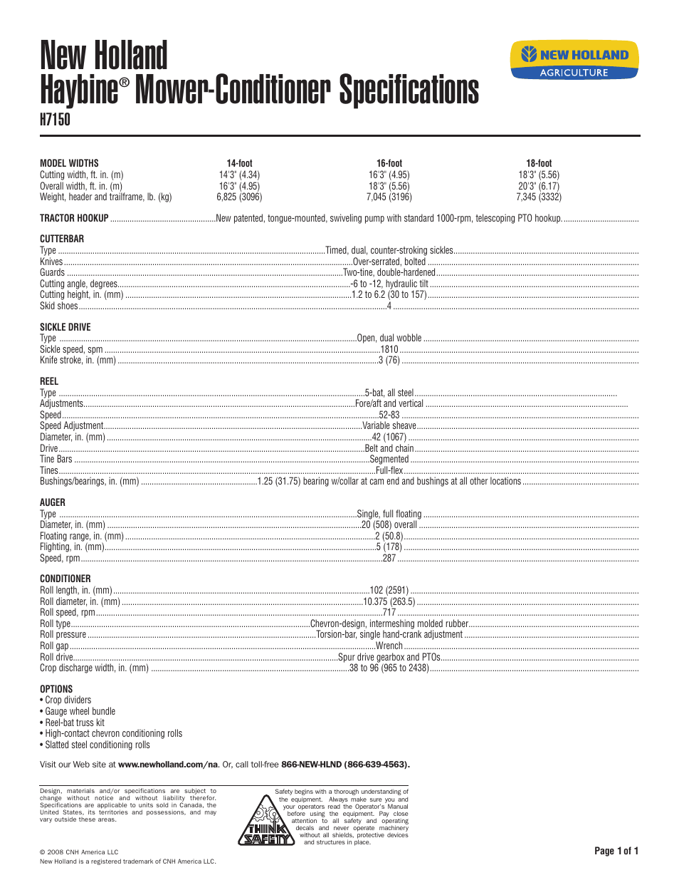 New Holland Haybine H7150 User Manual | 1 page