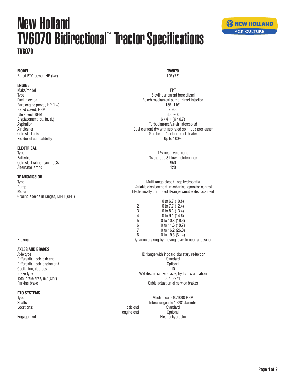 New Holland TV6070 User Manual | 2 pages